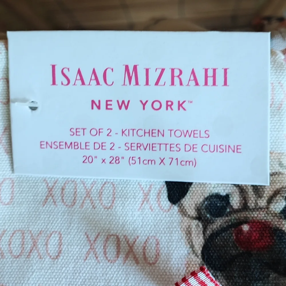 2 ISAAC MIZRAHI Pug Pomeranian Puppies Wearing Glasses Kitchen Dish Towels NWT